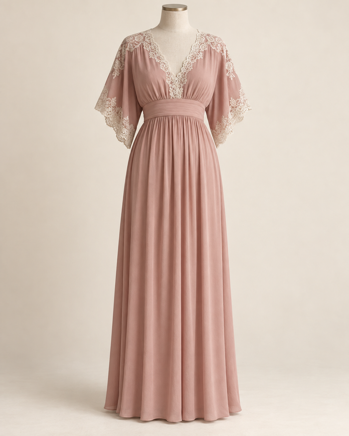 AI concept illustration of 1919 kimono-sleeve negligee, front view in dusty rose, on a mannequin.