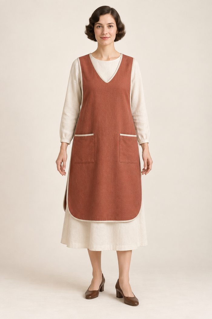 AI design illustration of a terracotta 1920s V-neck tabard apron with ivory binding and rounded front hem over a cream dress