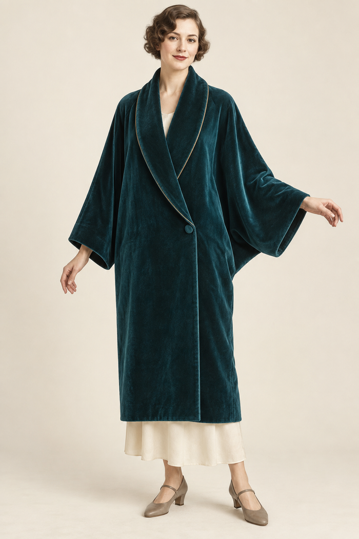 AI design illustration of a deep teal 1920s cocoon wrap coat with a shawl collar and one low side button, closed front view