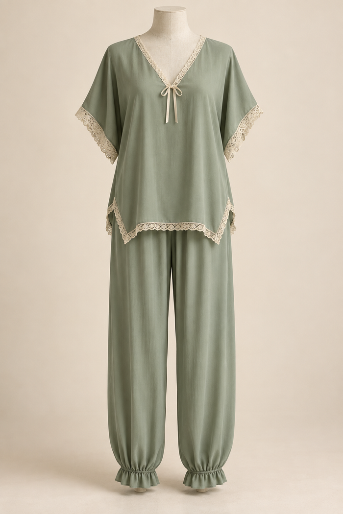 AI front preview of the sage kimono lounge pajama set with angular tunic hem and gathered ankles