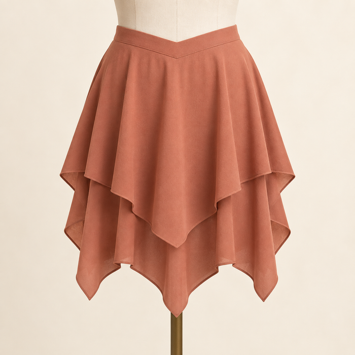 Design preview: copper-rose handkerchief skirt front with two independent pointed layers and dipped waistband