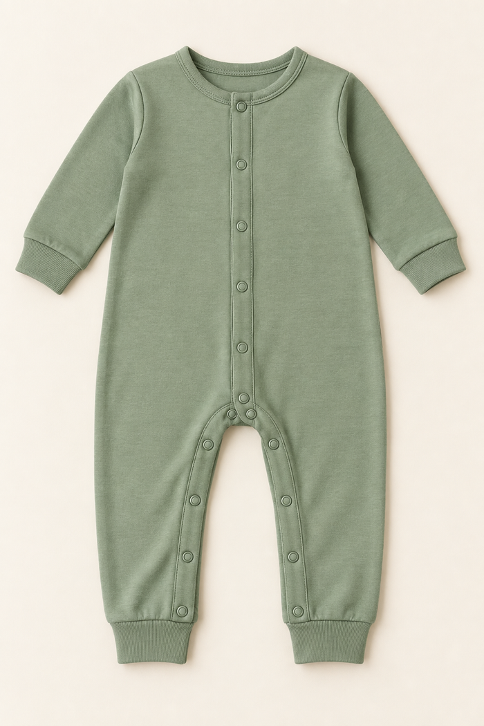 AI concept front view of a sage long-leg knit baby coverall with front and inner-leg snap openings