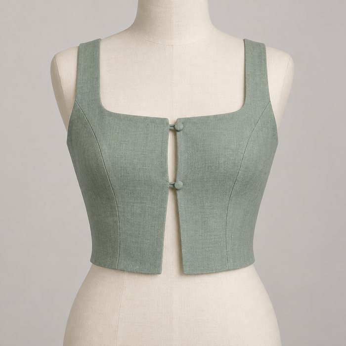 AI design preview: seafoam square-neck panel crop top with two covered buttons and an open front