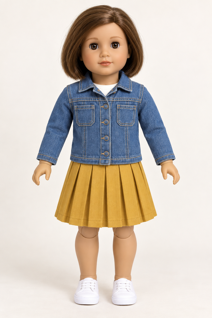 Front design preview of a mid-blue denim jacket with patch pockets on an 18-inch toy doll