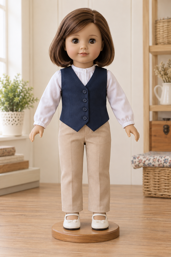 Front view of a navy four-button waistcoat design on an 18-inch toy doll