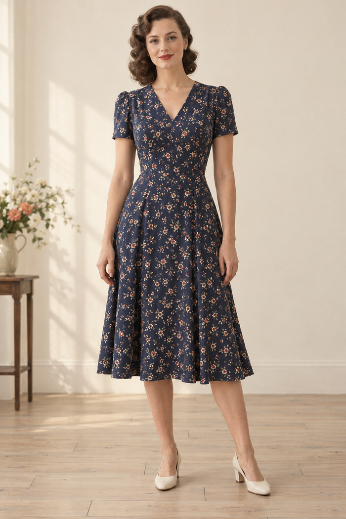 1940s tea dress design preview, navy floral V-neck dress on a model, front view