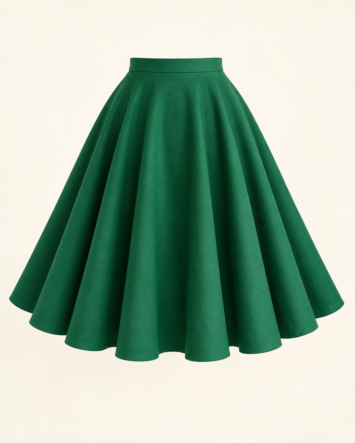 AI front design preview of an emerald full-circle skirt with a fitted waistband and discreet optional inseam pocket
