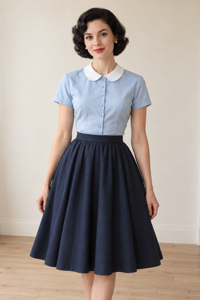 1950s-Inspired Peter Pan Collar Blouse design preview on a model, front view