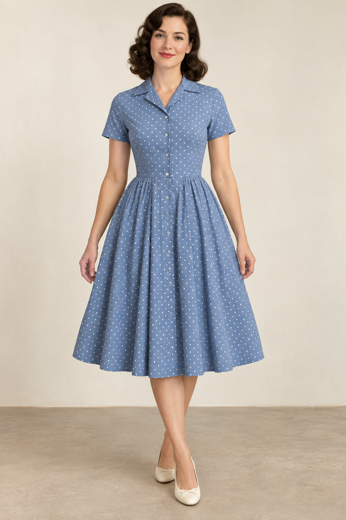 Design preview of 1950s-inspired shirtwaist dress, front view on a model.