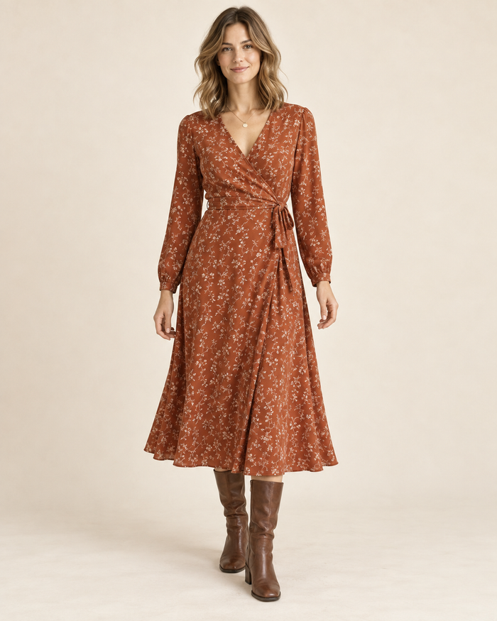 Front design preview of the 1970s-inspired long-sleeve wrap dress.