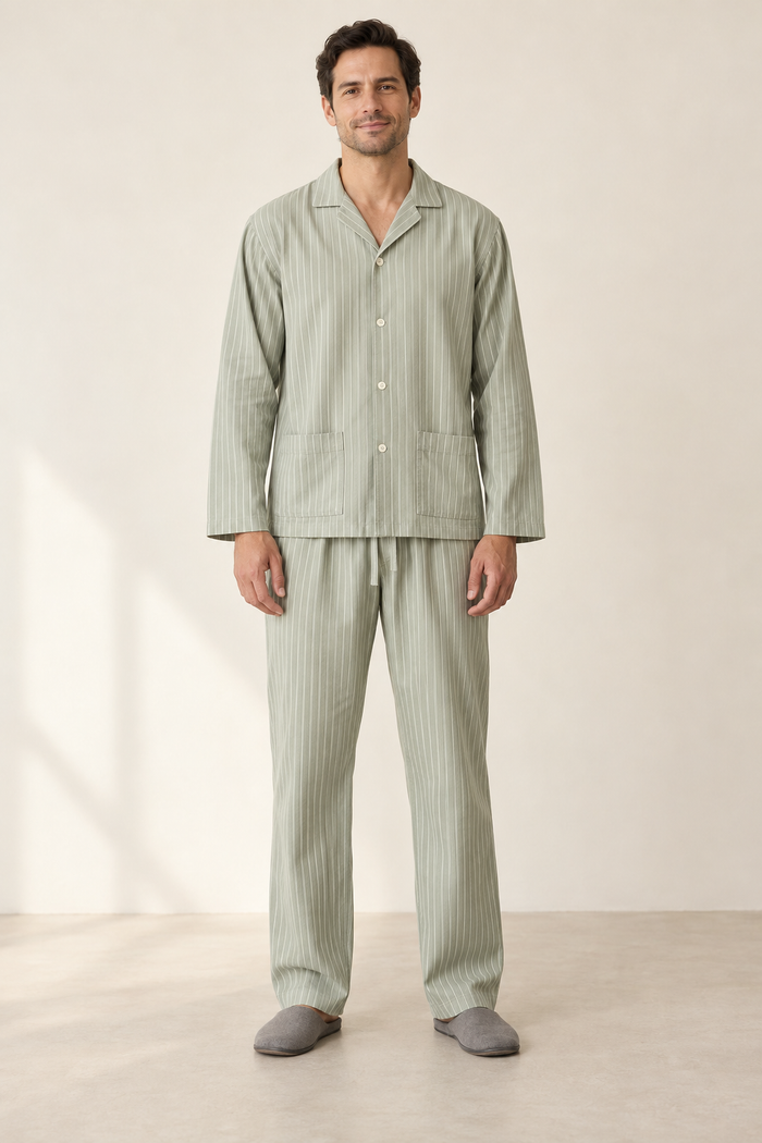 Design preview of adult woven pajama set, front view on a model.