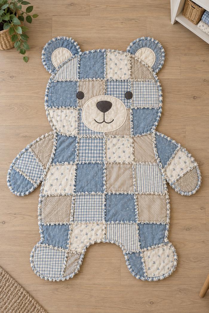 Design preview of a animal-shaped rag quilt with flat bear panels and clipped fringe seams, front view.
