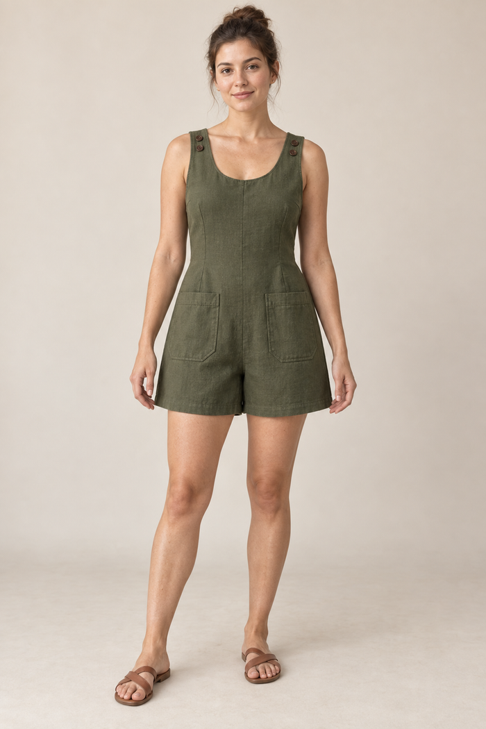 AI design preview: olive button-shoulder romper with four front shoulder buttons, two patch pockets and a continuous body without a waist seam