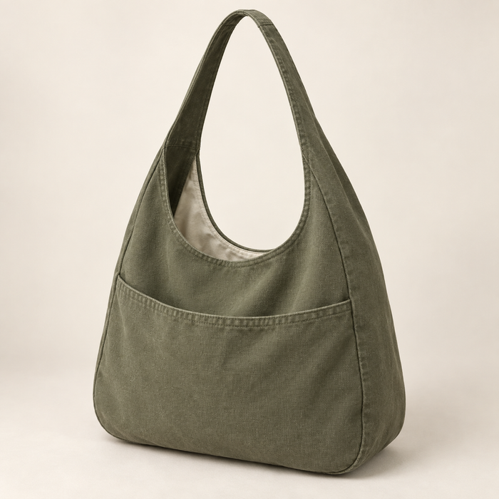 AI design preview: olive fabric hobo bag with one integrated shoulder loop, scooped open top and broad front slip pocket