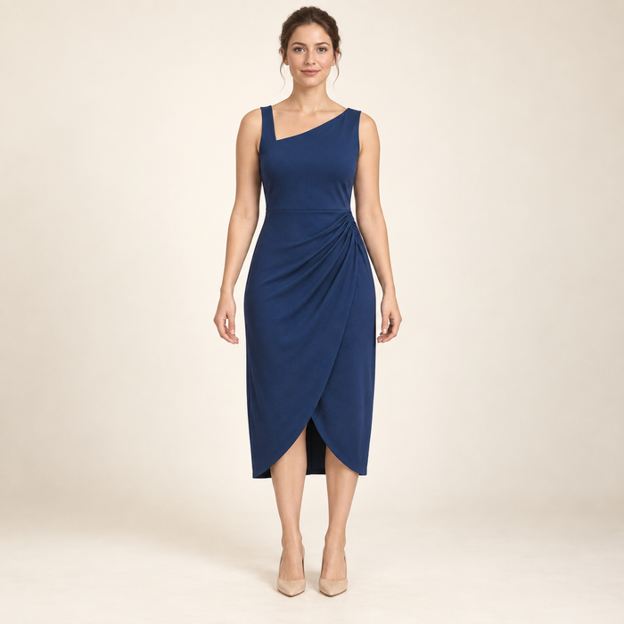 Design preview: sapphire ruched tulip midi dress with two covered shoulders, diagonal front neckline and fixed curved skirt overlap