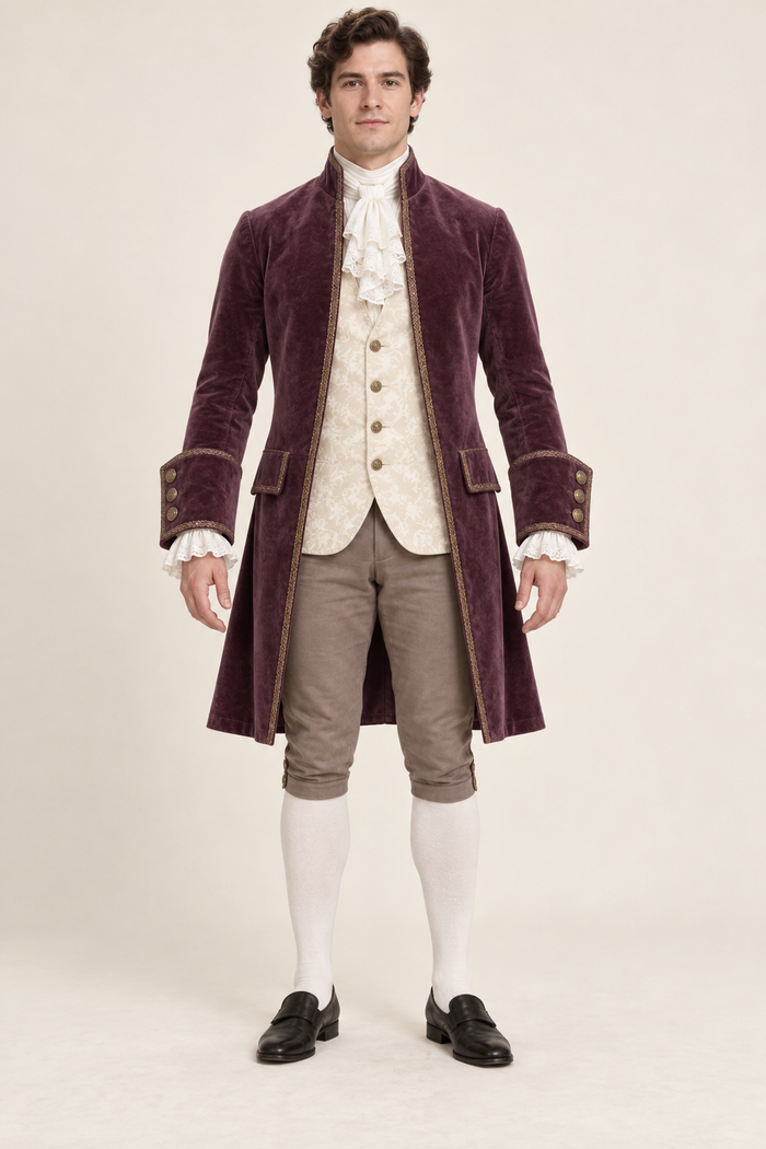 AI design preview: front of plum eighteenth-century inspired mens coat over a four-button ivory waistcoat, taupe knee breeches and ivory jabot and wrist frills