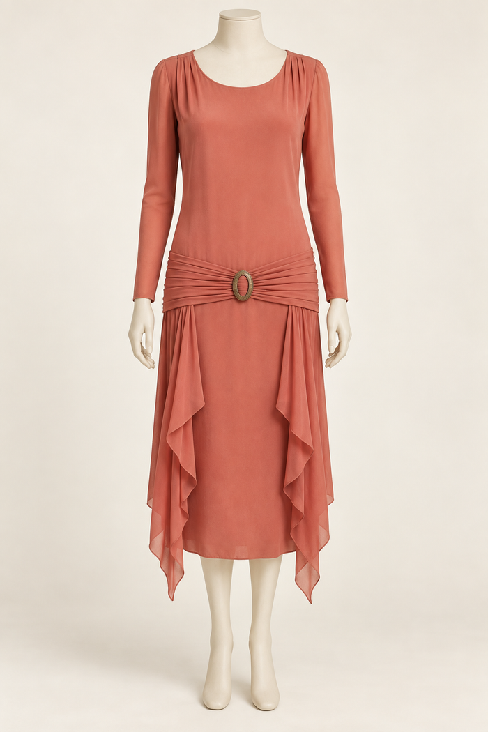 AI design concept: coral flounce-panel dress with pleated hip girdle, oval buckle and long sleeves, front.