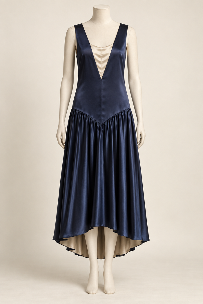 AI design concept, View A: navy robe de style dress with champagne vestee, single front point and rounded high-low hem.
