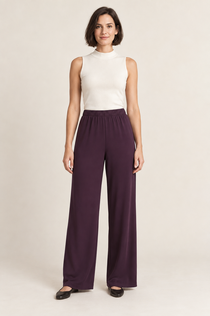 Plum bias-cut wide-leg trousers with an elastic waist, front view on a woman; generated design preview.