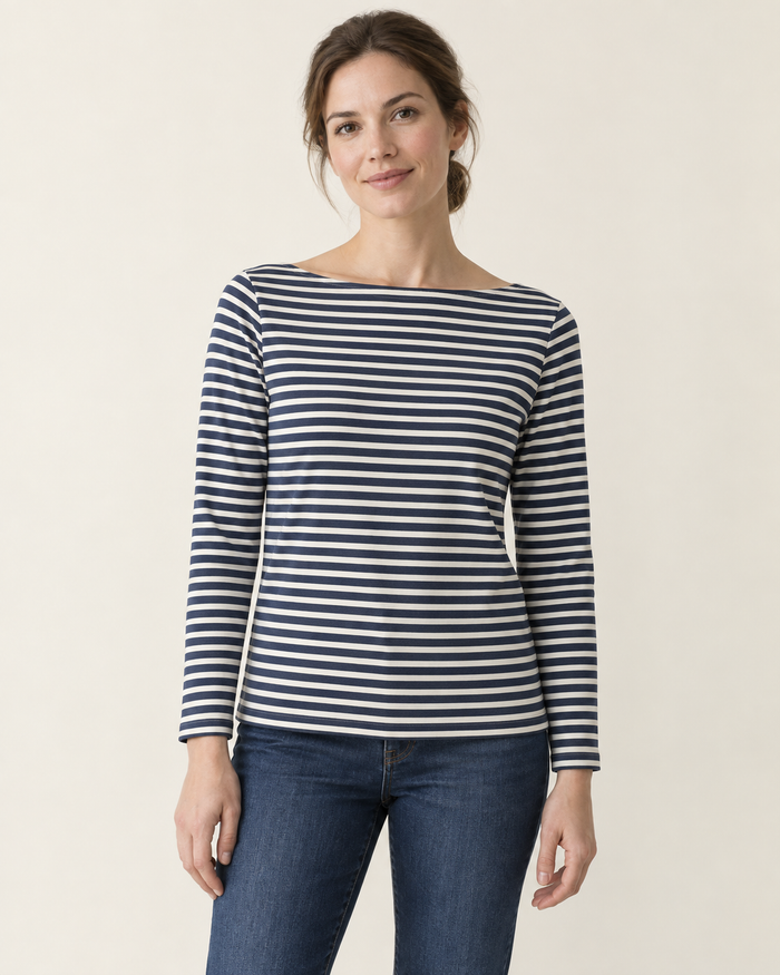 Front design preview of the boat-neck knit top.