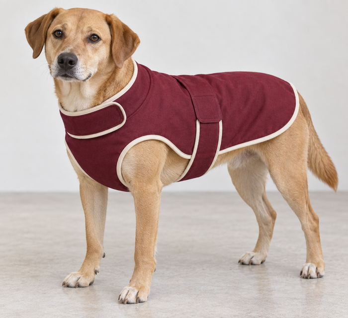 Design preview of a dog coat with a shaped back and separate chest panel, front view.