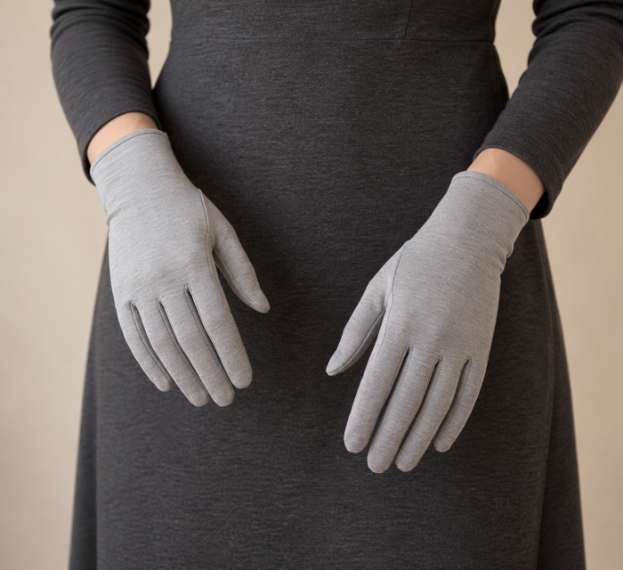 Design preview of fitted jersey fabric gloves with separate thumbs and narrow finger gussets, front view.