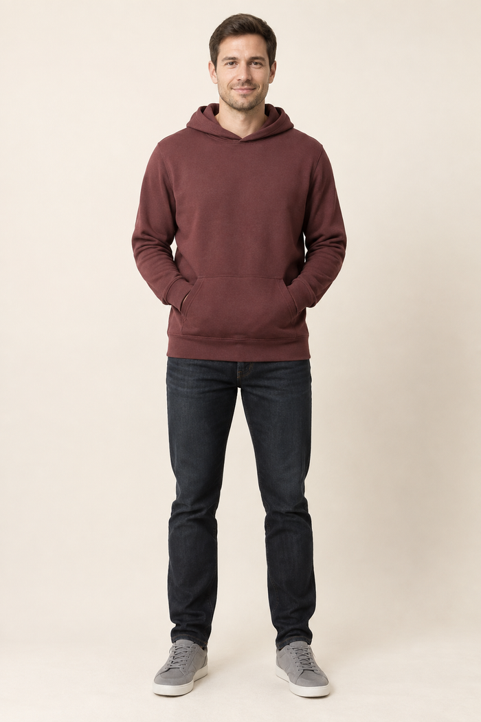 Design preview of knit pullover hoodie, front view on an adult model.