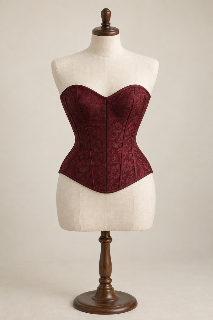 Design preview of panelled overbust corset, front view on a dress form.