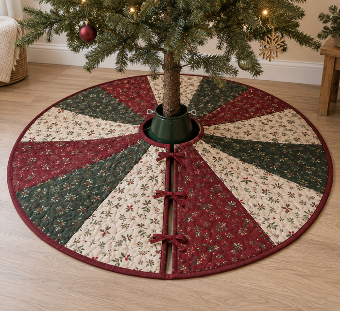 Design preview of radial patchwork Christmas tree skirt with bound edges and fabric ties, front view.