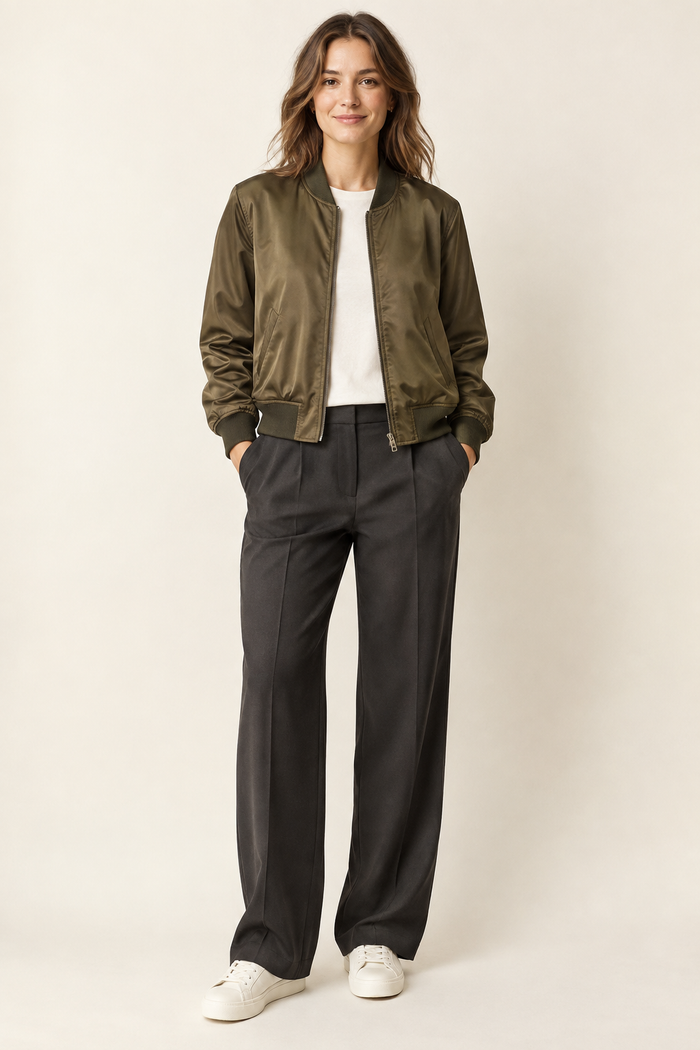 Design preview of rib-trim bomber jacket, front view on an adult model.