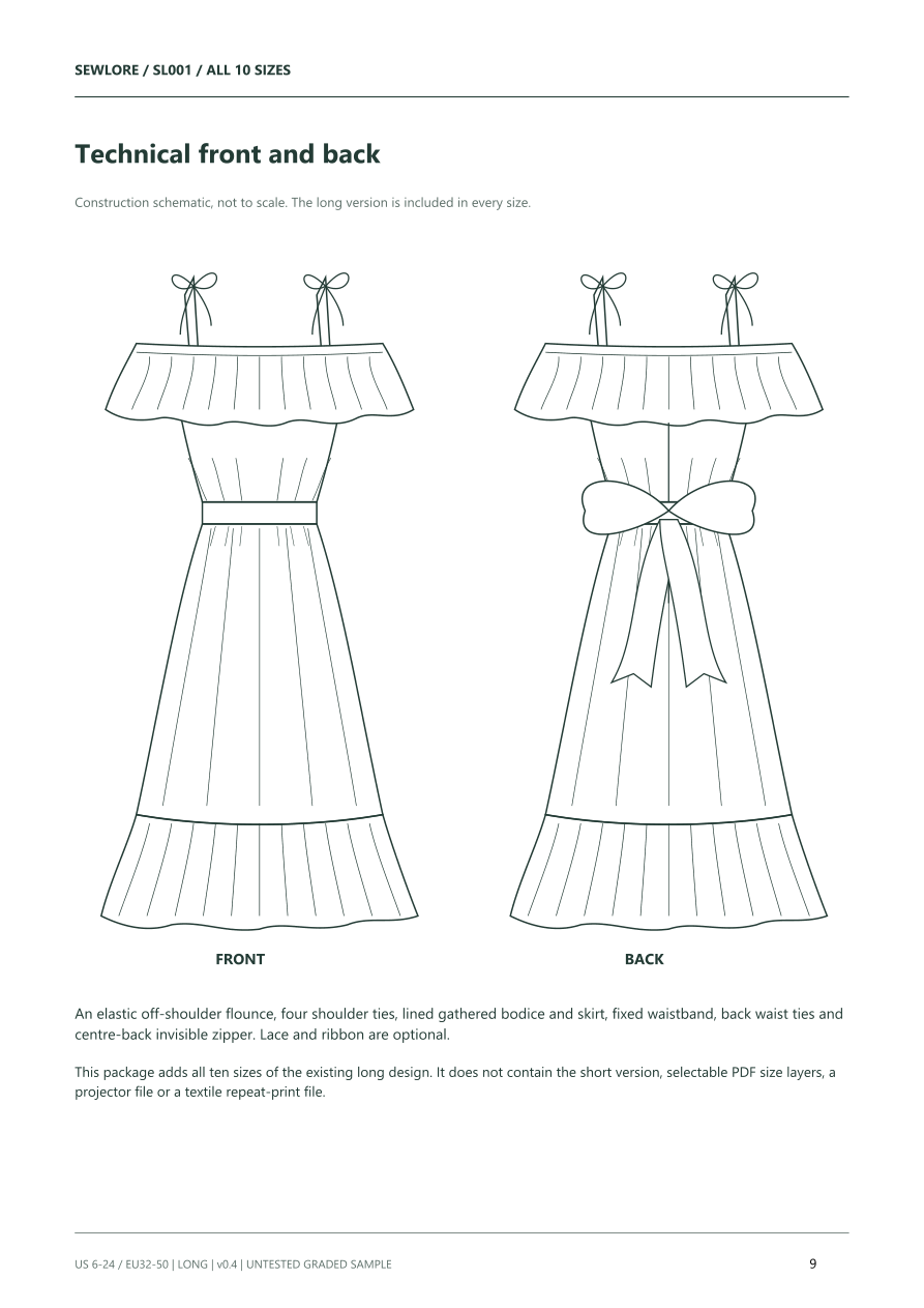 Off-Shoulder Maxi Dress — Line drawing