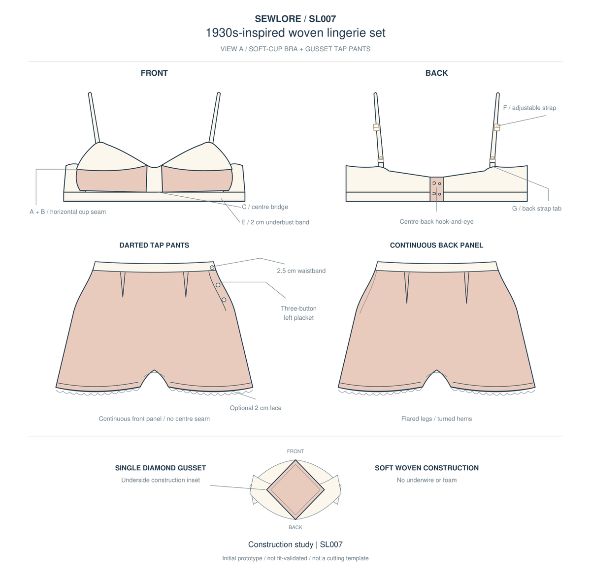 1930s Bra & Tap Pants Set — Line drawing