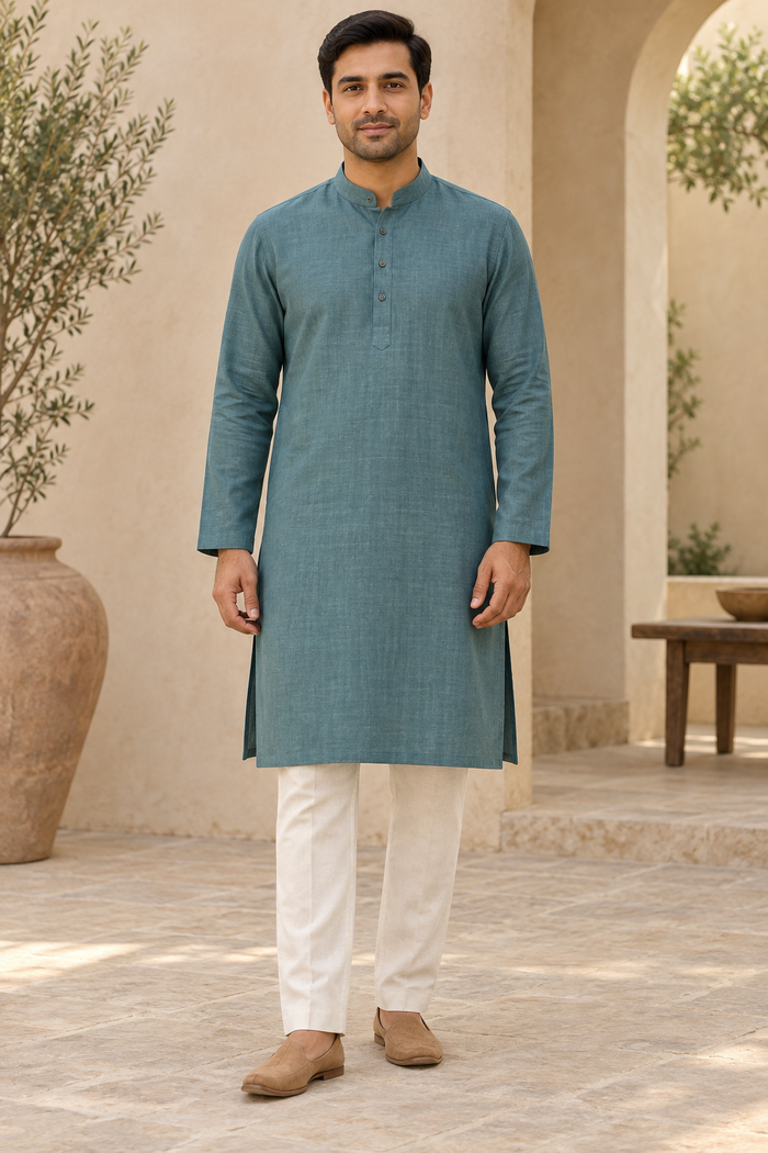 Design preview of a straight kurta with a band collar, partial front placket and side slits, front view.