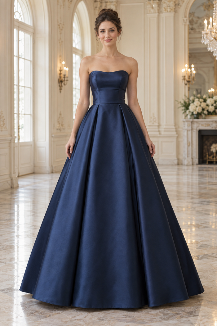 Design preview of structured full-skirt ball gown, front view on an adult model.