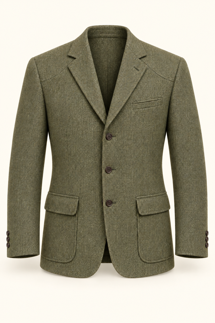 AI design preview: moss-olive golf-view sport coat with curved shoulder yokes, three buttons and flap-topped patch pockets, front.