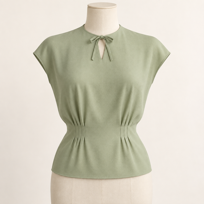 AI front preview of a sage-green blouse with short cut-on sleeves, waist tucks and a small neck tie opening
