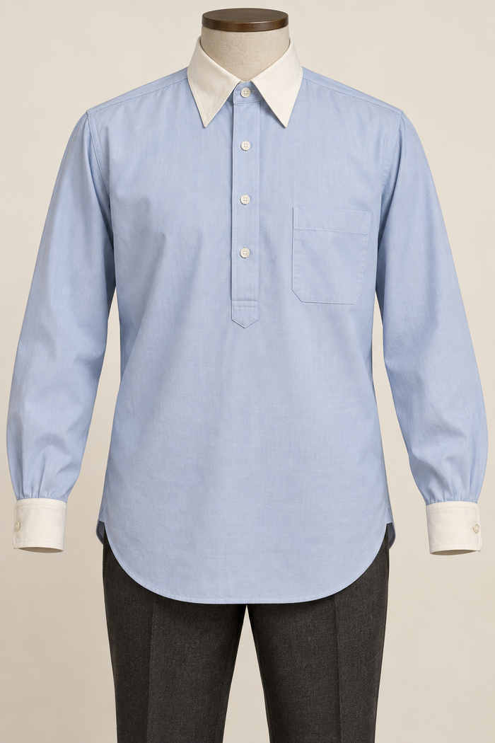 AI design preview: powder-blue half-placket shirt with ivory pointed collar and straight cuffs