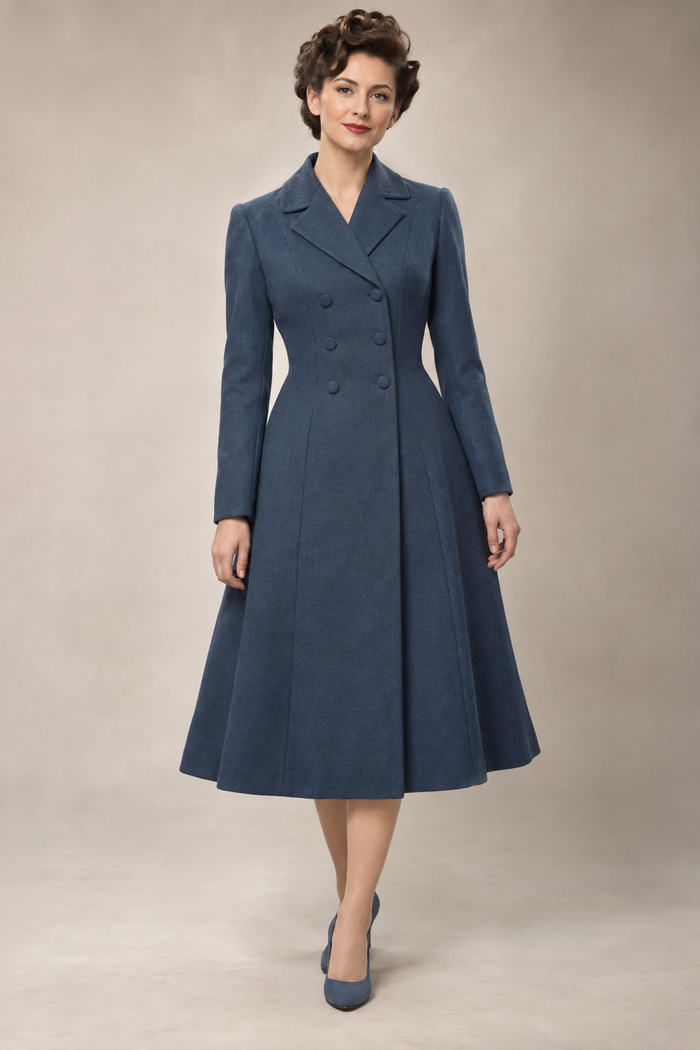 Front design preview of the vintage-inspired double-breasted coat dress.