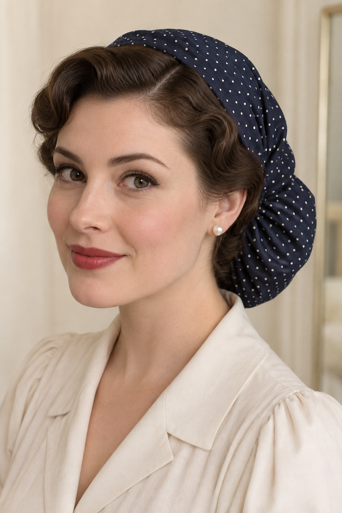 Front three-quarter design preview of the Vintage-Inspired Fabric Hair Snood by Sewlore.