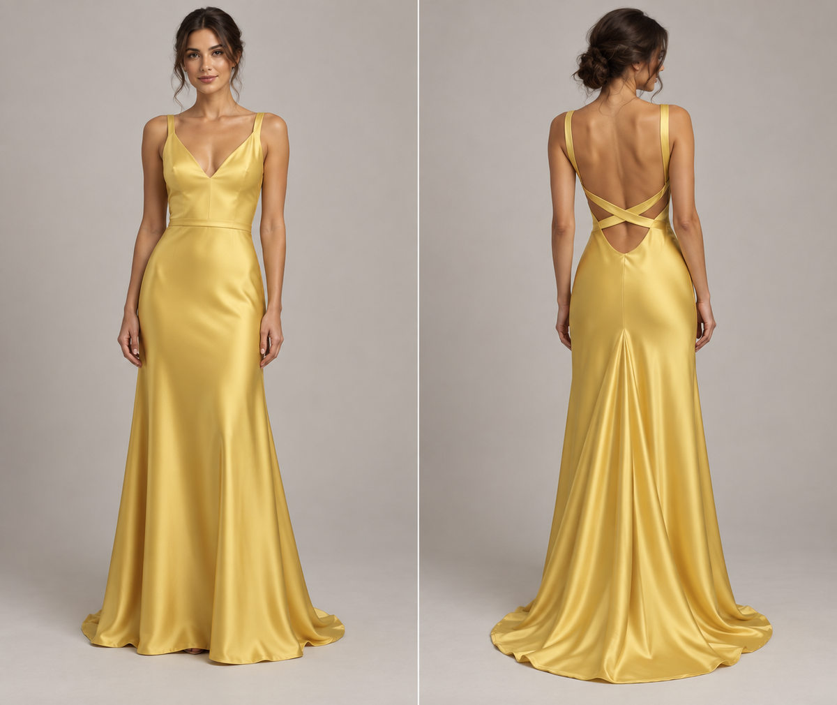 Cross-Back Satin Evening Gown garment concept illustration with front and back views