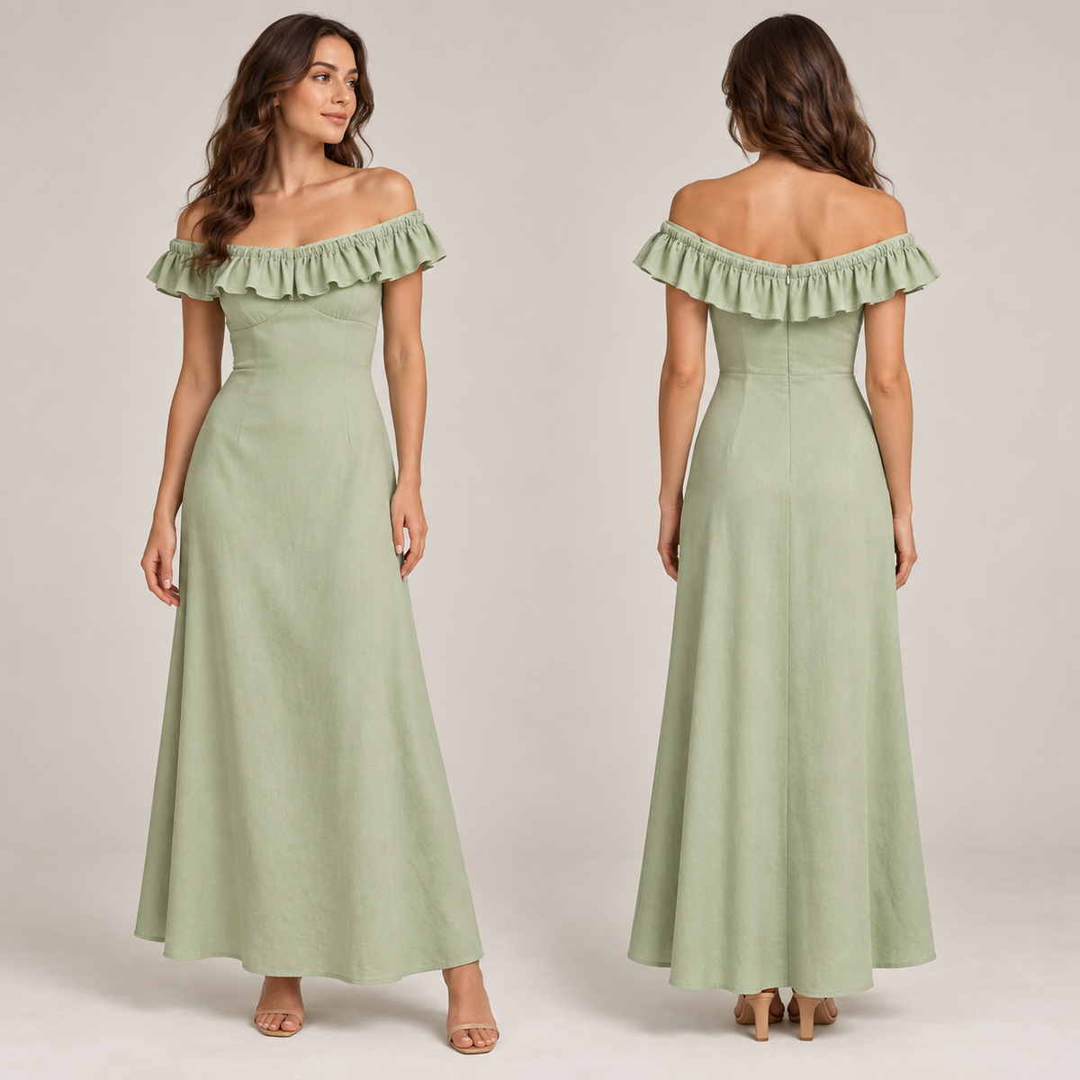 AI-generated concept of a sage underbust-seam maxi dress with a narrow shoulder ruffle and smooth skirt, front and rear views.