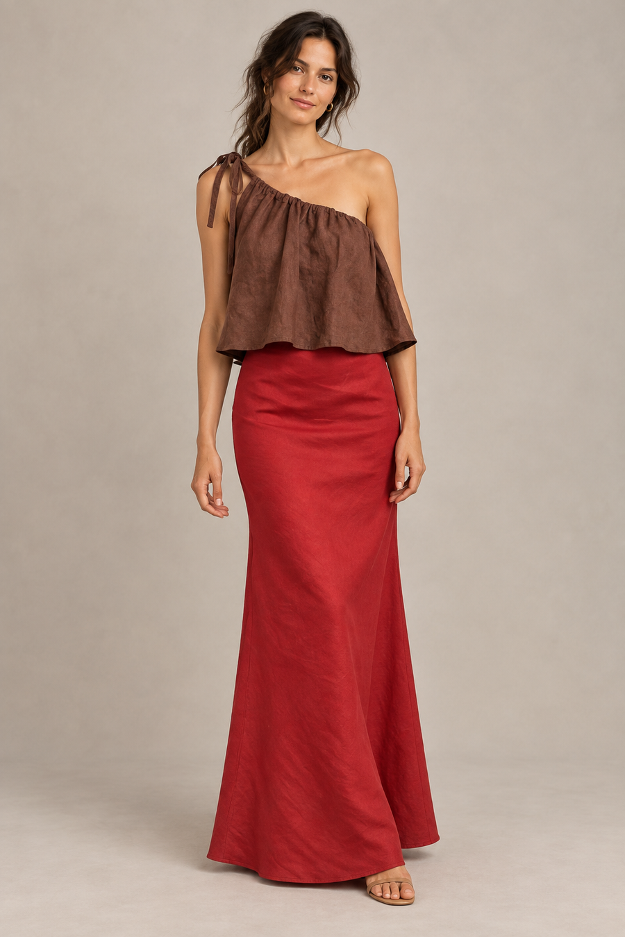 One-Shoulder Tie Top and Maxi Skirt garment concept illustration