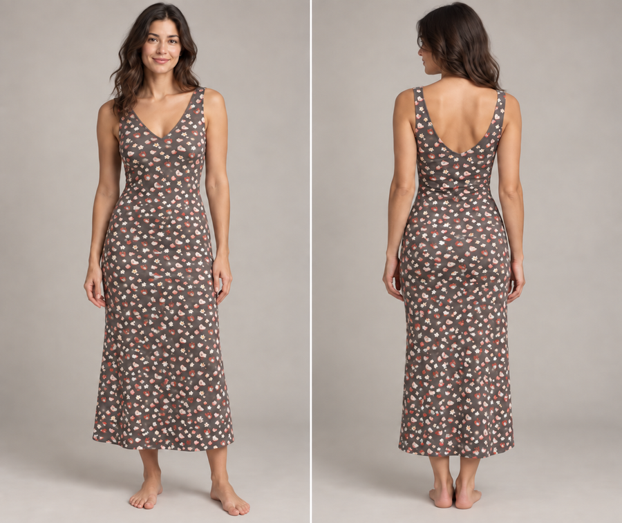 V-Neck Low-Back Knit Dress garment concept illustration with front and back views