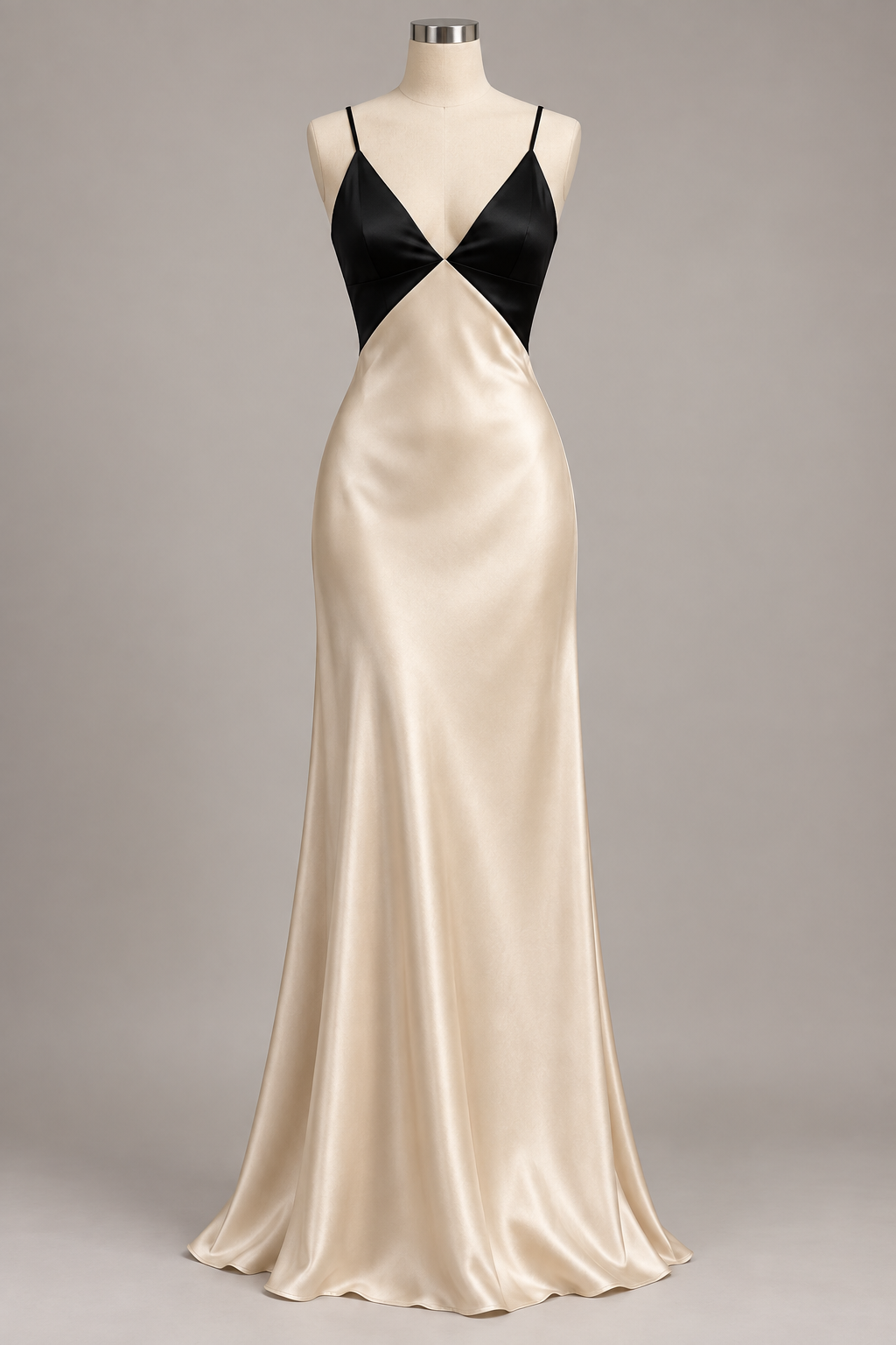 AI design concept: black V-neck bodice and champagne bias maxi skirt shown on a studio dress form.