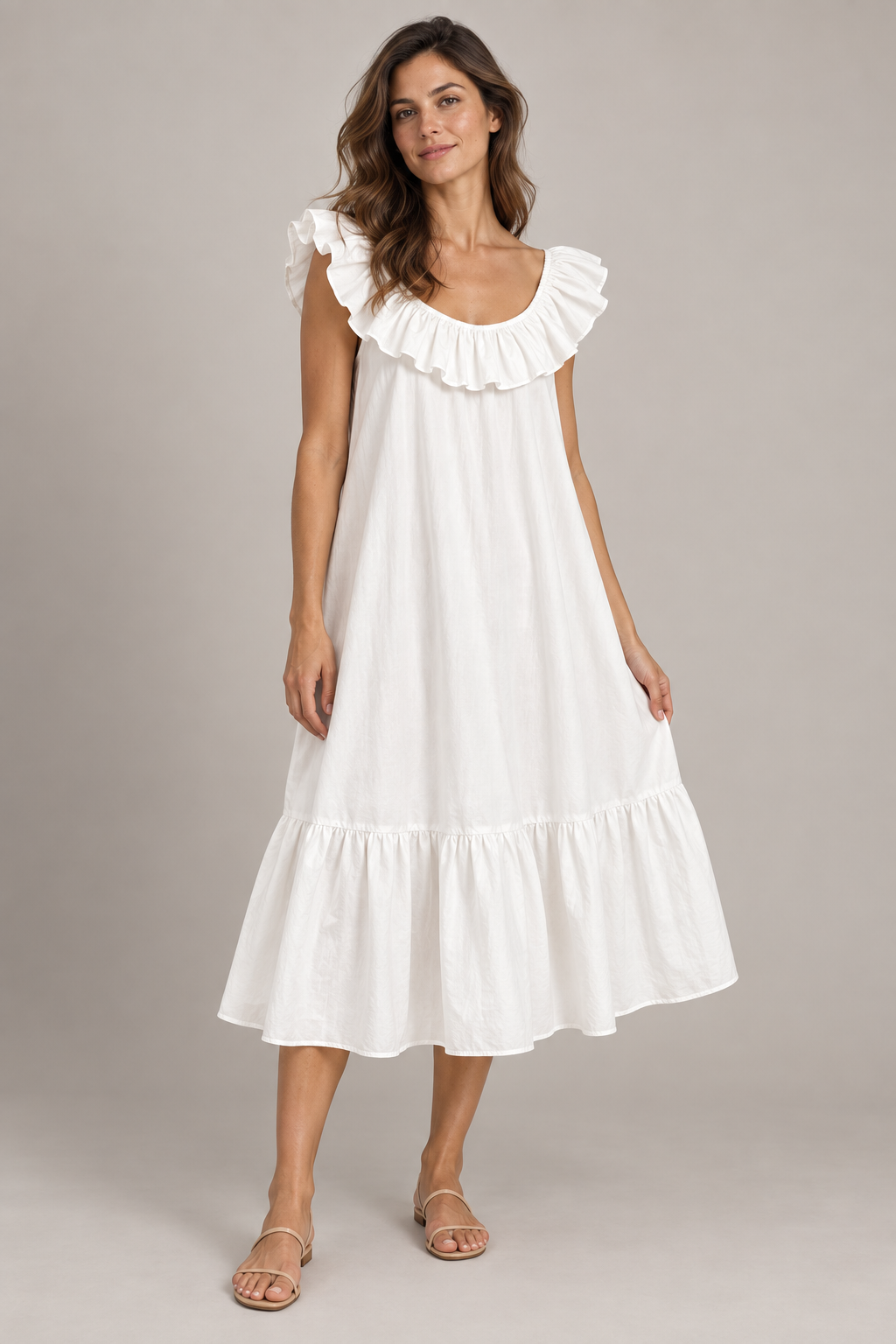 Loose Ruffle-Neck Midi Dress garment concept illustration