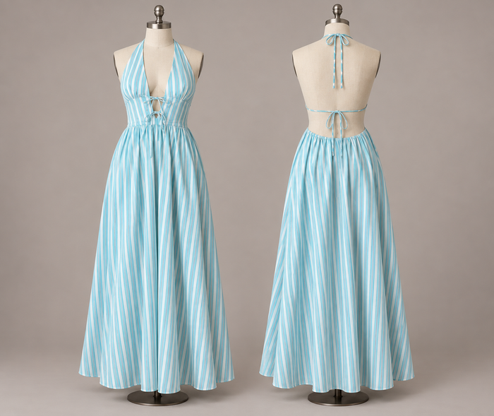 Tie-Front Halter Maxi Dress garment concept illustration on dress forms, front and back views