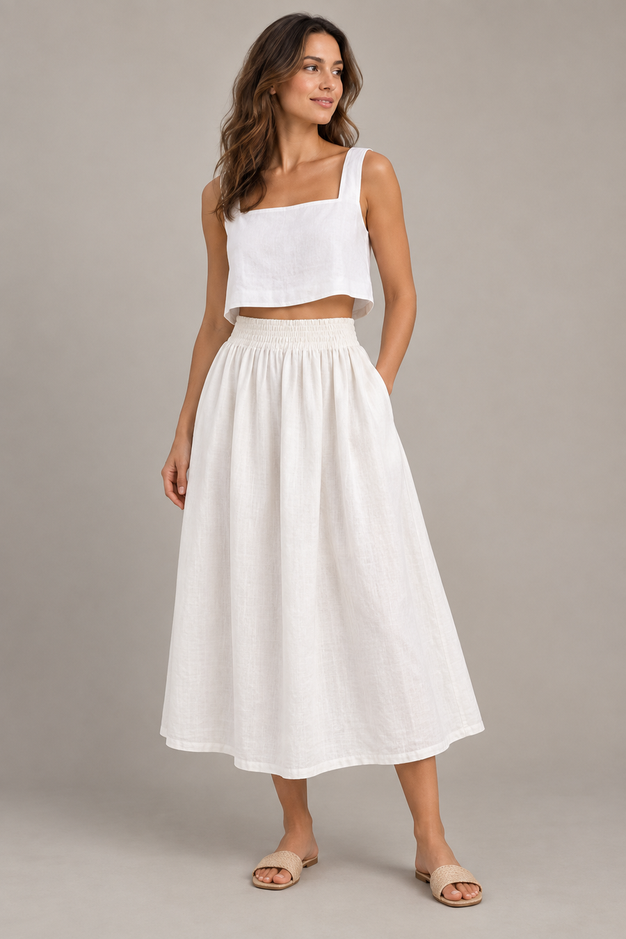 AI design concept: ivory square-neck crop top with a full gathered elastic-waist midi skirt.