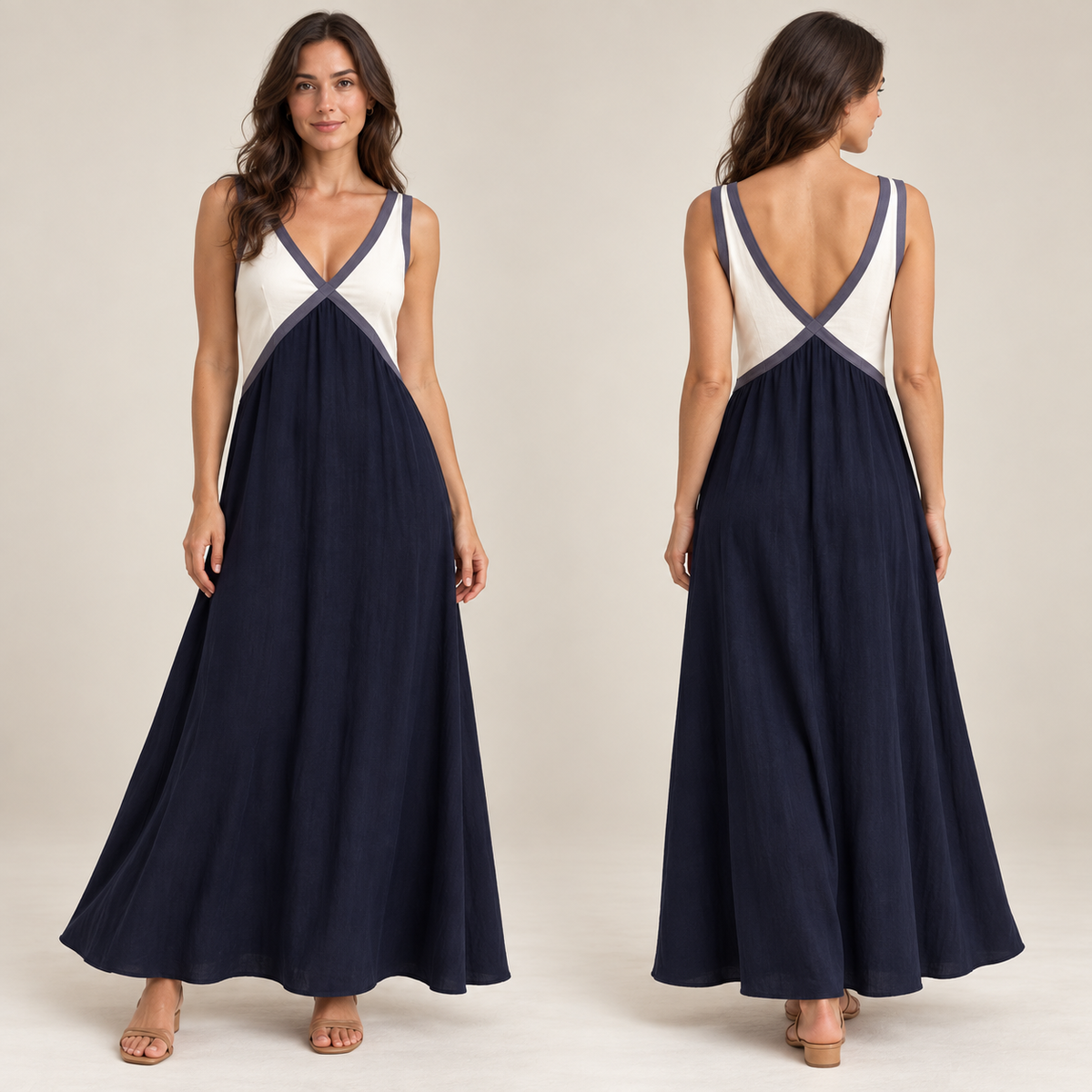 AI-generated concept of a navy and ivory maxi dress with crossed trim at deep V necklines, front and rear views.