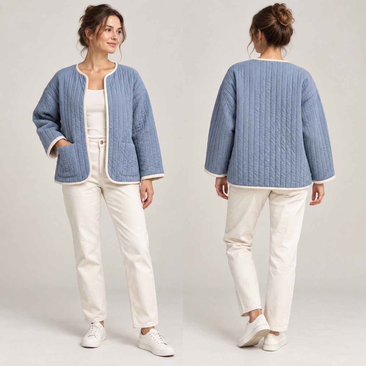 AI-generated concept of a blue collarless quilted jacket with cream binding and patch pockets, front and rear views.