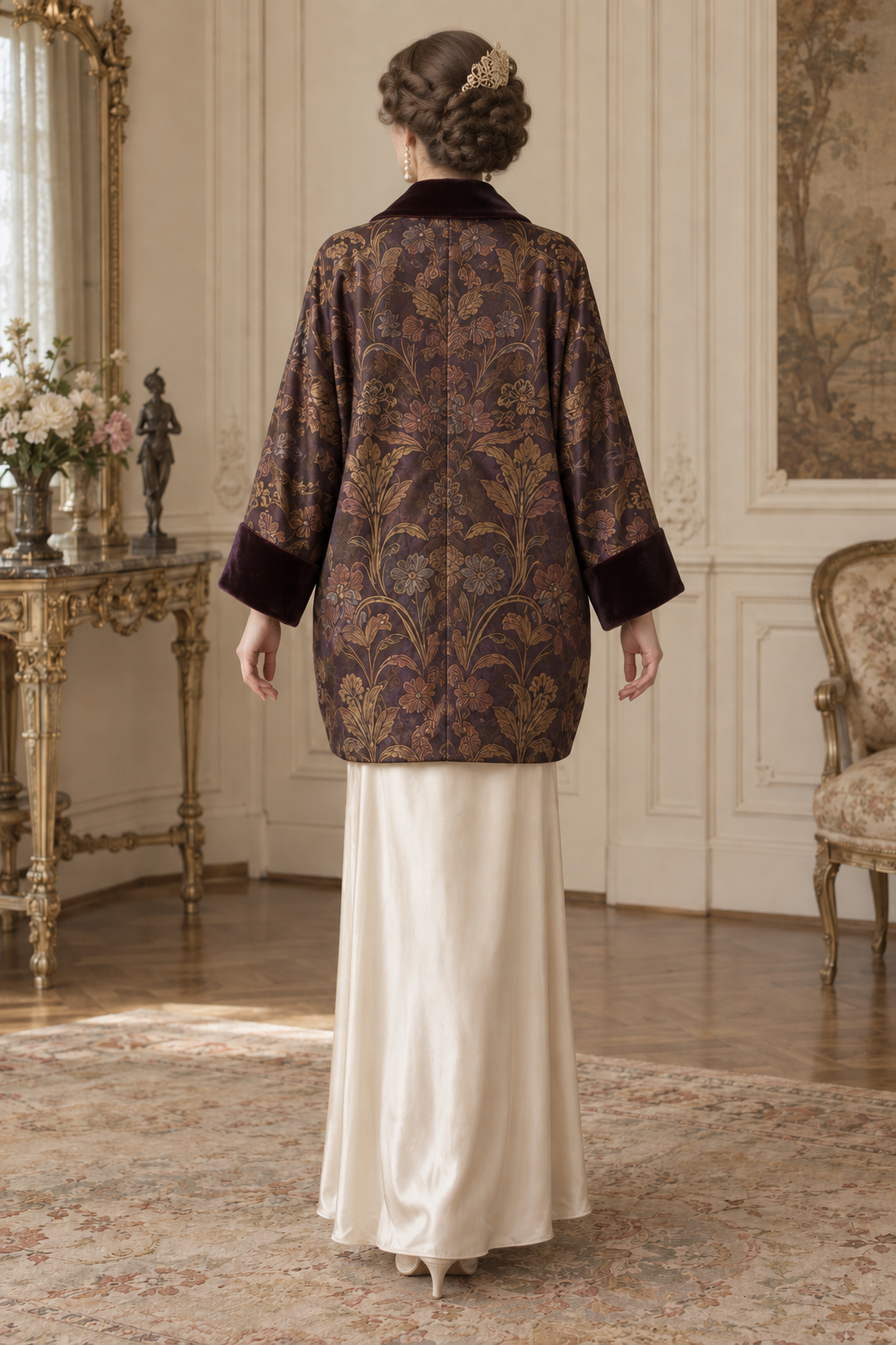 Back view of the plum and gold SL004 evening coat design, showing the relaxed silhouette, centre-back seam and velvet cuffs.